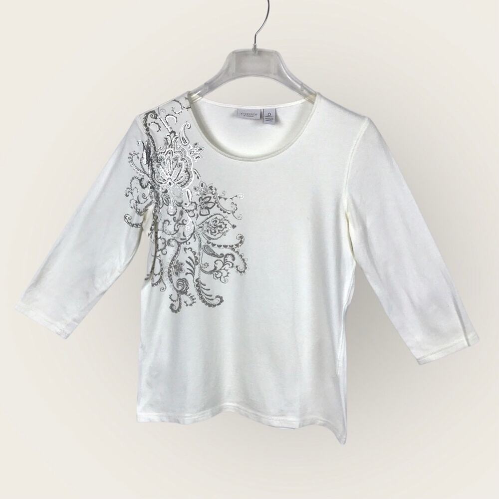 Chico's White & Silver Tee Shirt Floral Print Embellishment Stretchy